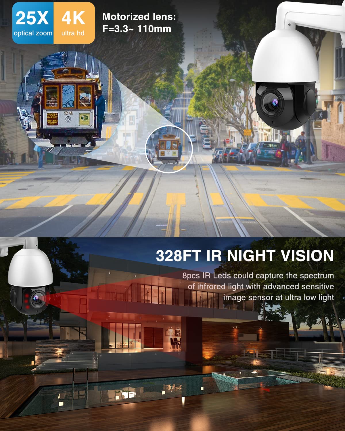 PANOEAGLE Auto Tracking 4K 8MP PTZ IP Camera with Pan Tilt 25x Optical Zoom,Human/Vehicle Detection,328ft IR Night Vision,2-Way Talk,Outdoor Dome PTZ Camera with Auto Cruise,IP66