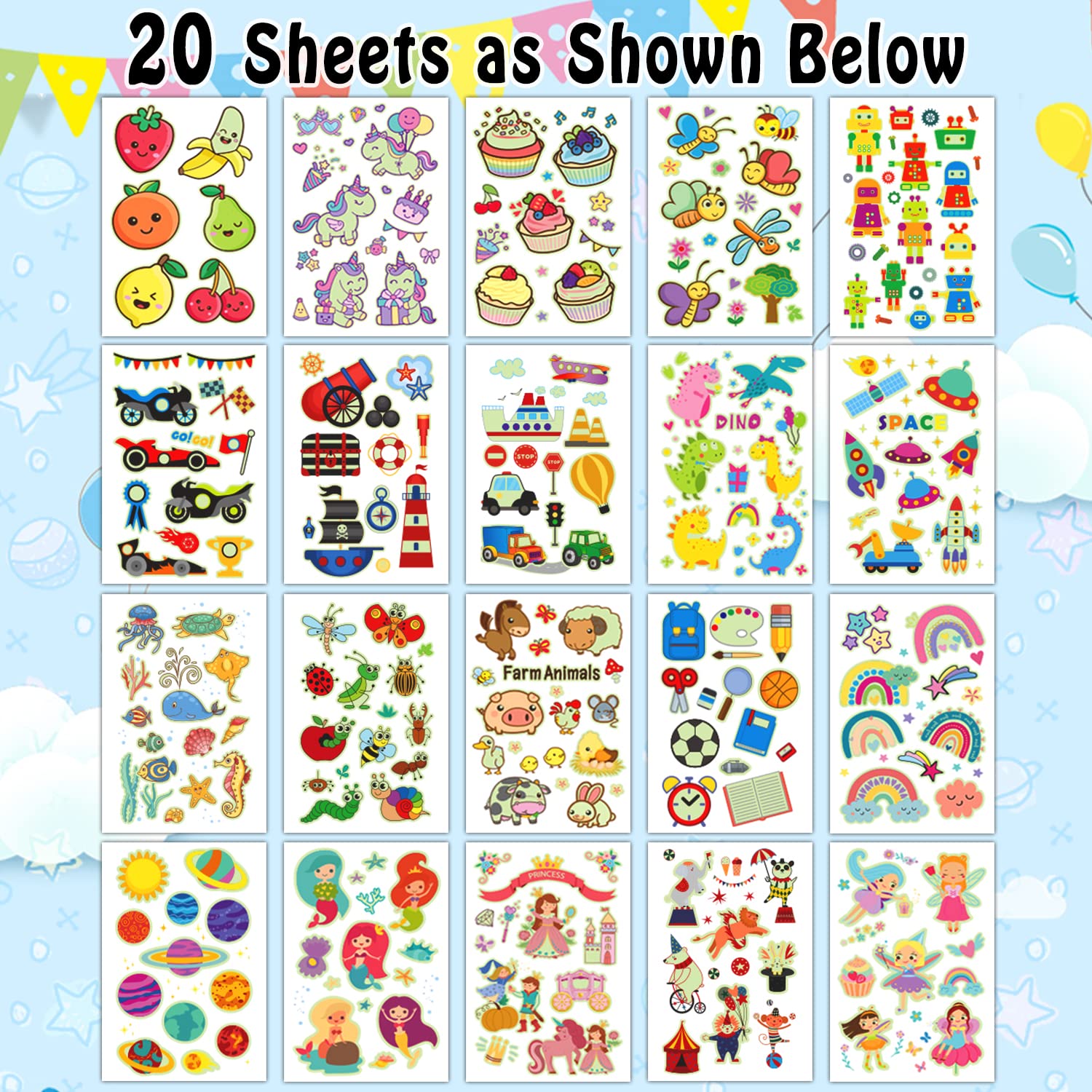 Partywind 260 Mixed Styles Glow Temporary Tattoos for Kids, Mermaid/Dinosaur/Pirate Tattoo Stickers for Boys and Girls, Birthday Party Supplies Favors (20 Sheets)