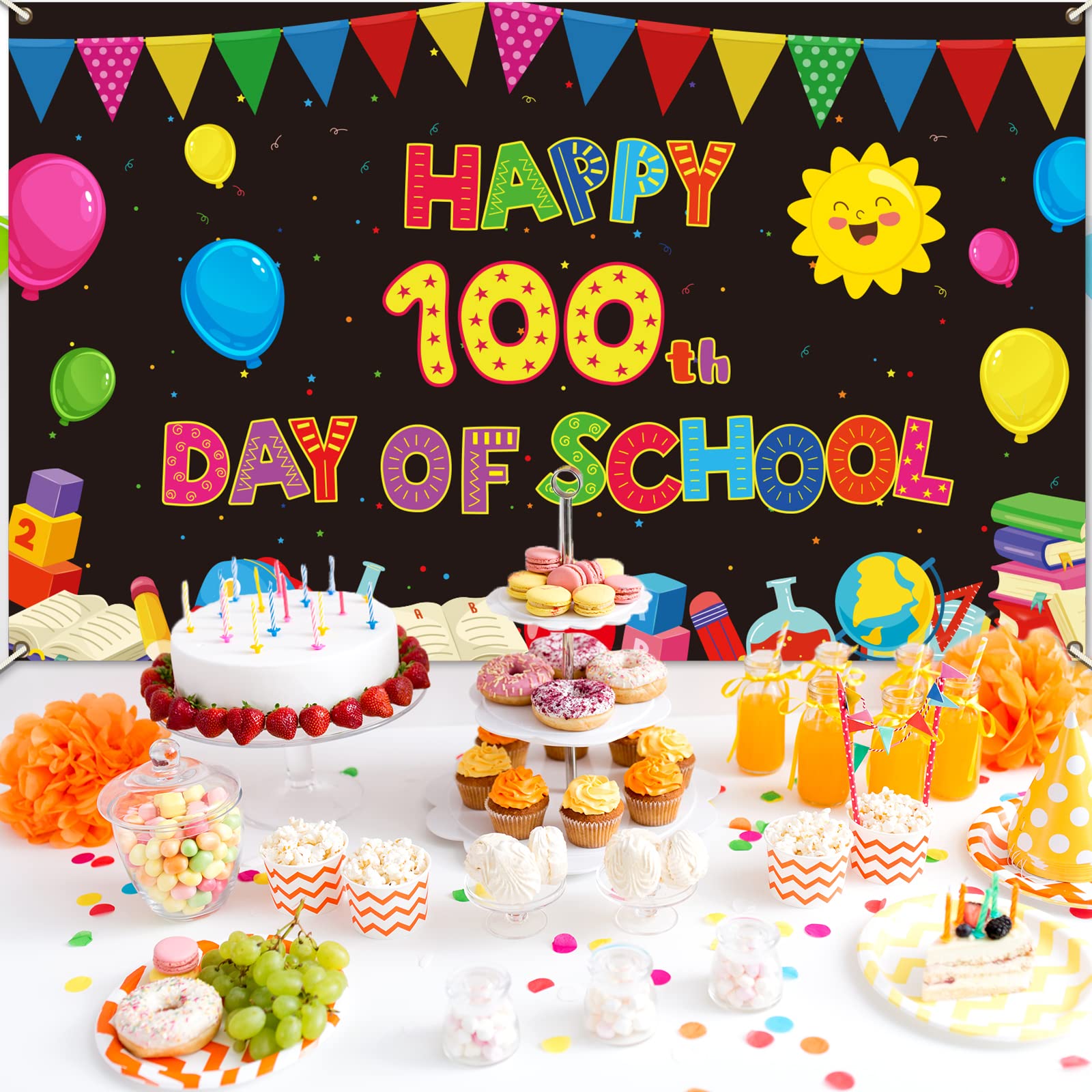 100th Day of School Backdrop, Happy 100 Days Background Banner for Kindergarten Preschool Primary School Celebrate 100th Day Party Supplies Favors (Black)