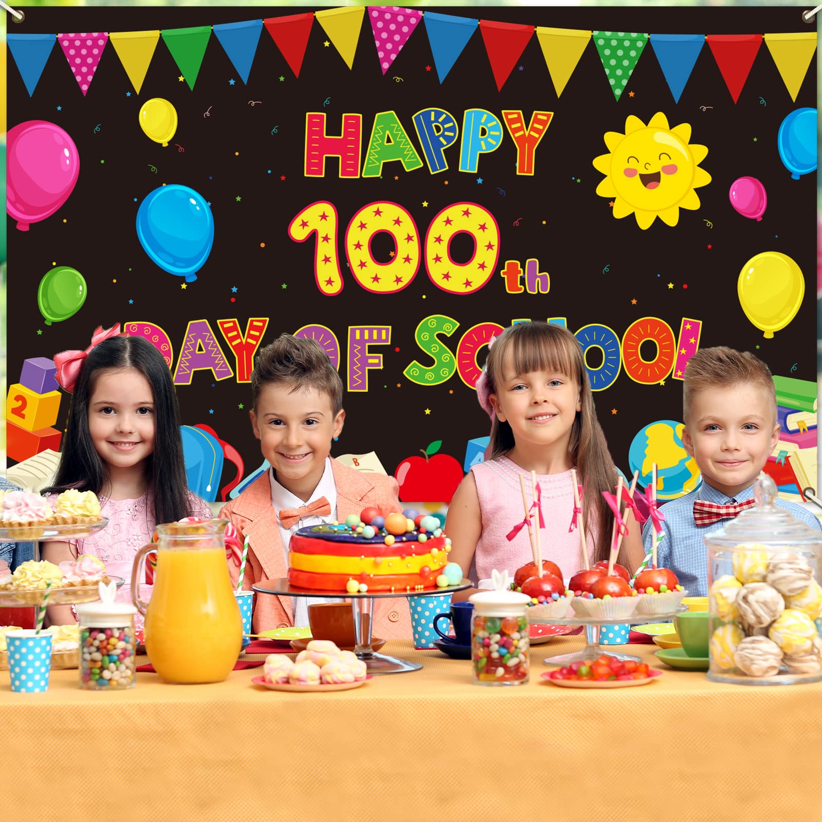 100th Day of School Backdrop, Happy 100 Days Background Banner for Kindergarten Preschool Primary School Celebrate 100th Day Party Supplies Favors (Black)