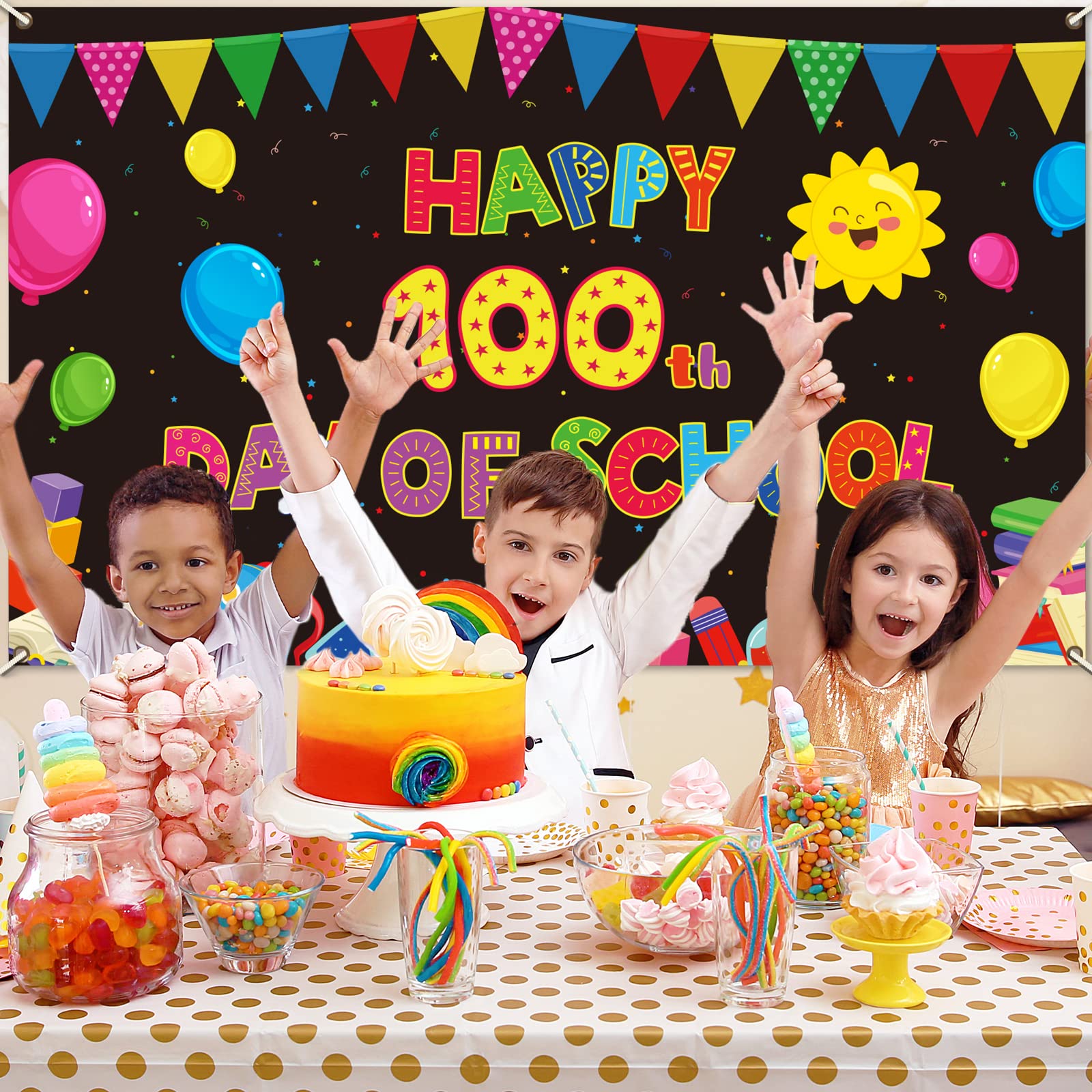 100th Day of School Backdrop, Happy 100 Days Background Banner for Kindergarten Preschool Primary School Celebrate 100th Day Party Supplies Favors (Black)