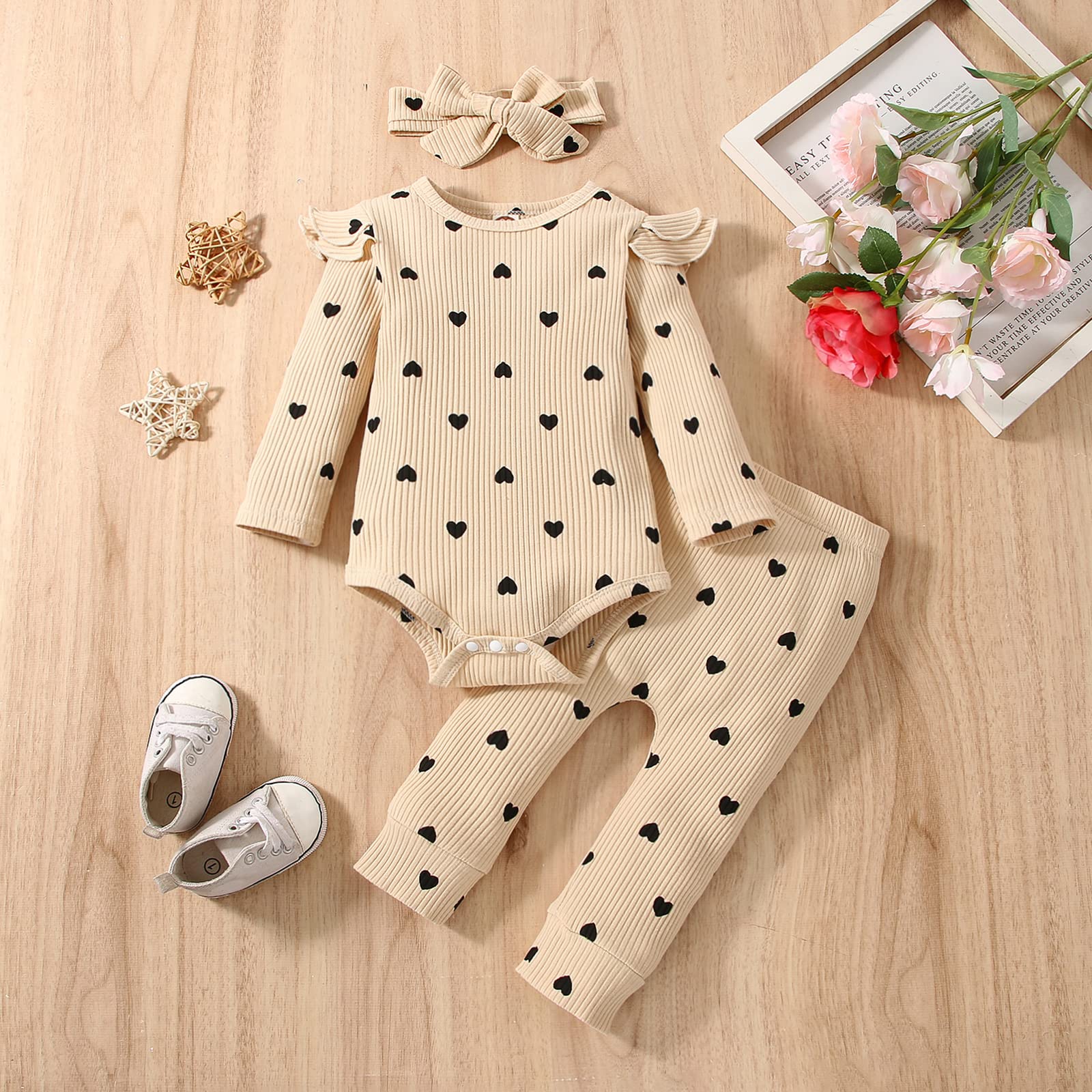 vivifayee Newborn Baby Girl Clothes Outfits Infant Ruffled Romper Hearts Print Long Sleeve Pants Set with Headband 3Pcs Cute Toddler Baby Girl Clothes Set