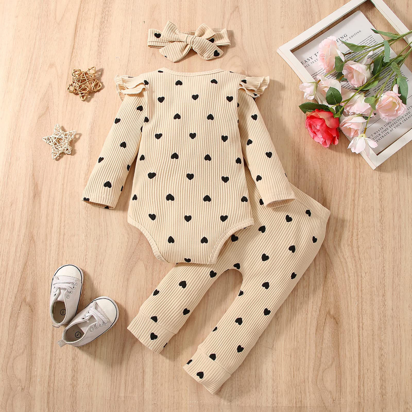 vivifayee Newborn Baby Girl Clothes Outfits Infant Ruffled Romper Hearts Print Long Sleeve Pants Set with Headband 3Pcs Cute Toddler Baby Girl Clothes Set