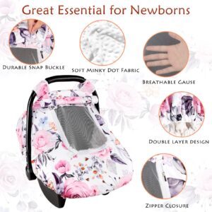 Floral Baby Car Seat Covers and Infant Car Seat Head Support Strap Covers, Double Layer, Super Soft Minky & Dot Fabric