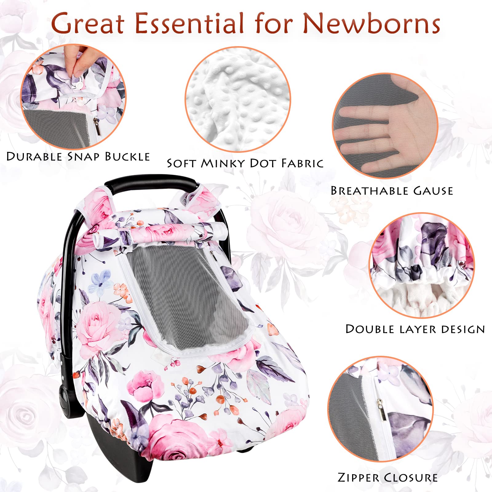 Floral Baby Car Seat Covers and Infant Car Seat Head Support Strap Covers, Double Layer, Super Soft Minky & Dot Fabric