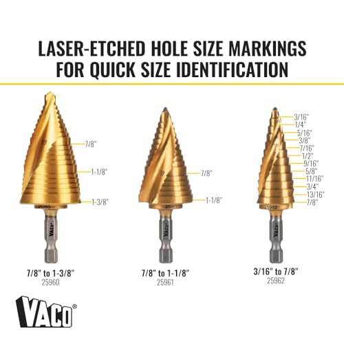 Klein Tools 25951 Electrician's Step Drill Bit Set, Spiral Double Fluted, Titanium Nitride Coating, 1/4-Inch Impact Shank, Case, 3-Piece