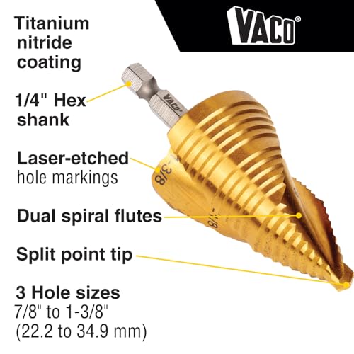 Klein Tools 25951 Electrician's Step Drill Bit Set, Spiral Double Fluted, Titanium Nitride Coating, 1/4-Inch Impact Shank, Case, 3-Piece