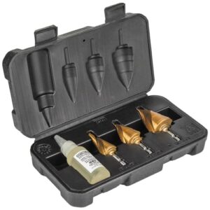 Klein Tools 25951 Electrician's Step Drill Bit Set, Spiral Double Fluted, Titanium Nitride Coating, 1/4-Inch Impact Shank, Case, 3-Piece