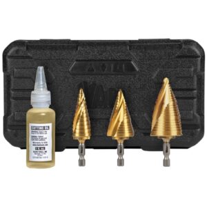 klein tools 25951 electrician's step drill bit set, spiral double fluted, titanium nitride coating, 1/4-inch impact shank, case, 3-piece