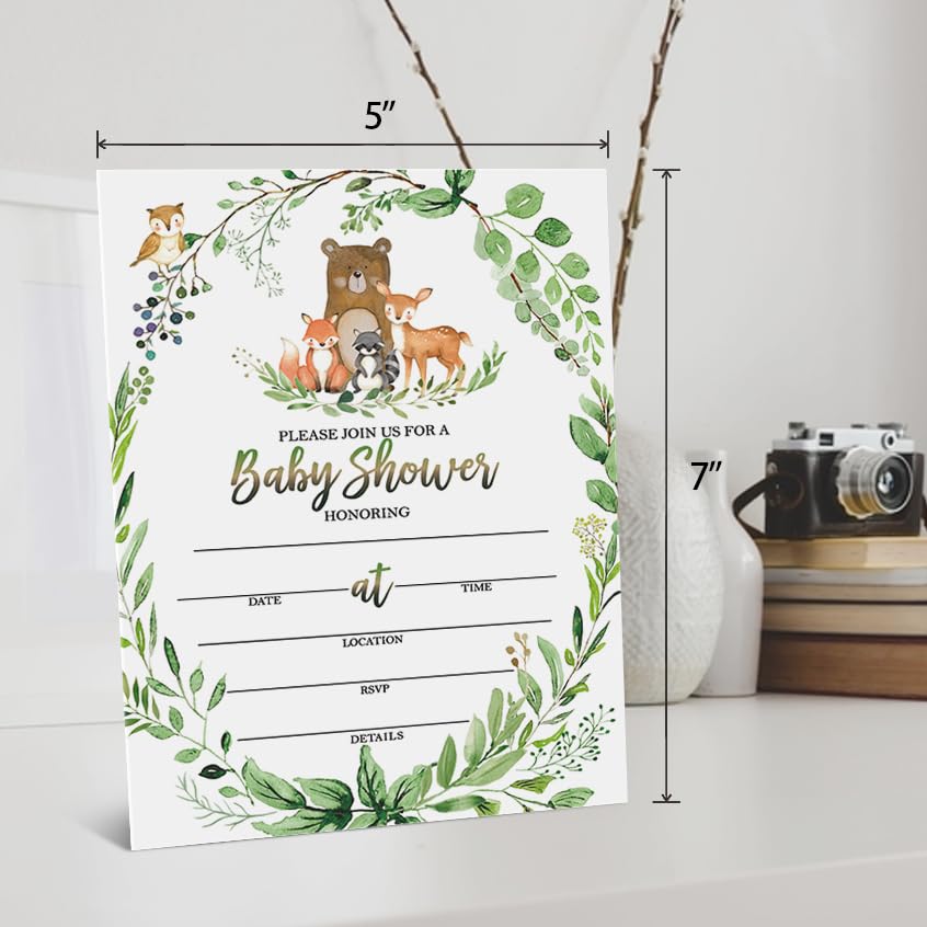 skuhyyg 25 Woodland Baby Shower Invitations with Envelopes，Woodland Diaper Raffle Tickets & Book Request Cards, Woodland Animal Stickers, thank you for showering our little one with love