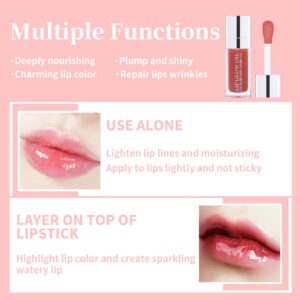 NewBang 2pcs Hydrating Lip Glow Oil Set Tinted Plumping Lip Care Gloss Balm Big Applicator Clear Transparent Toot Nourishing Non-sticky Moisturizing Glitter Shine Primer for Dry Lip Pink&Rosewood