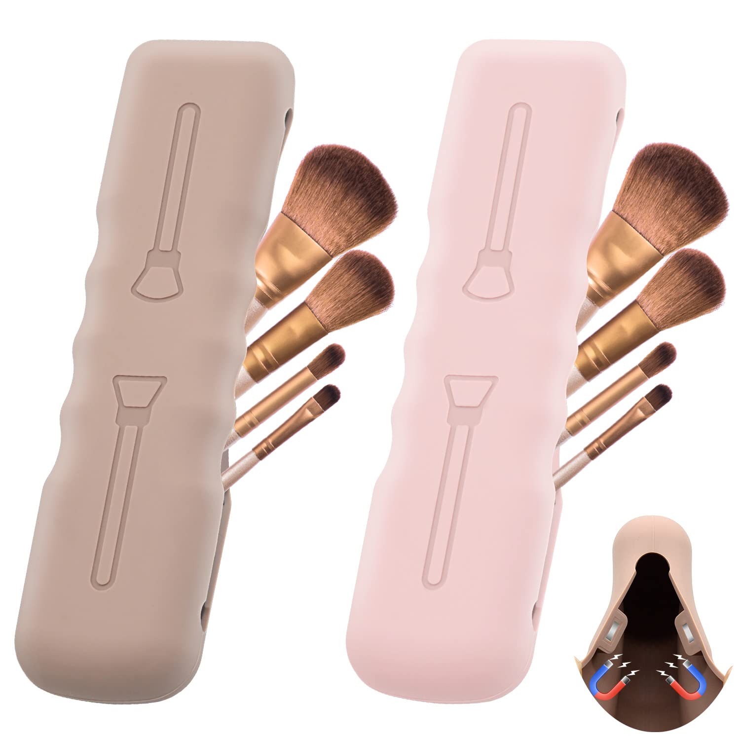 Hydream 2Pack Makeup Brush Holder Travel,Silicone Makeup Brush Case Bag Cute Soft Portable Cosmetic Brushes Holders,Magnetic Closure,Waterproof Makeup Brushes Organizer for Traveling-Pink,Khaki