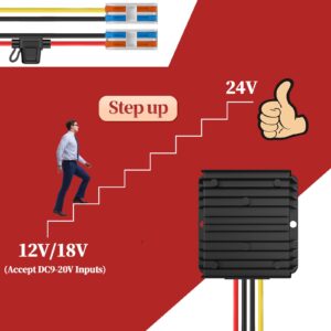 12V to 24V Step up Converter 15A 360W, 12 Volt to 24 Volt Step up Converter with Fuse Waterproof and Wire Terminal Block, 12-24 Volt Converter for Golf Cart Vehicle Boatetc. (Accept DC9-20V Inputs)