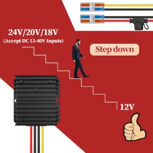 24VDC to 12VDC Converter 15A 180W, 18V to 12V Converter with Fuse Waterproof and Wire Terminal Block, Converter 24V to 12V for Cart LED Light Truck Vehicle Boat Solar System (Accept DC 15-40V Inputs)