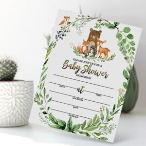 skuhyyg 25 Woodland Baby Shower Invitations with Envelopes，Woodland Diaper Raffle Tickets & Book Request Cards, Woodland Animal Stickers, thank you for showering our little one with love