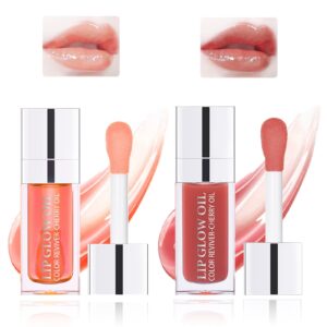 NewBang 2pcs Hydrating Lip Glow Oil Set Tinted Plumping Lip Care Gloss Balm Big Applicator Clear Transparent Toot Nourishing Non-sticky Moisturizing Glitter Shine Primer for Dry Lip Pink&Rosewood