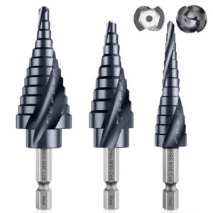 macxcoip upgrade m35 cobalt step drill bit with ultra tiain coating, 1/8"-7/8" (3pcs) unibit step bit with double sprial flute, 1/4" hex shank for metal, stainless steel, aluminum, copper, wood