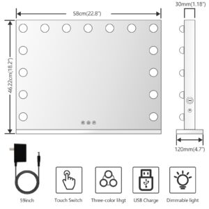 Gvnkvn 22.8 x 18.2 Vanity Makeup Mirror with Lights, 10X Magnification,Large Hollywood Lighted Vanity Mirror with 15 Dimmable LED Bulbs, USB Charger Port, Tabletop or Wall-Mounted White