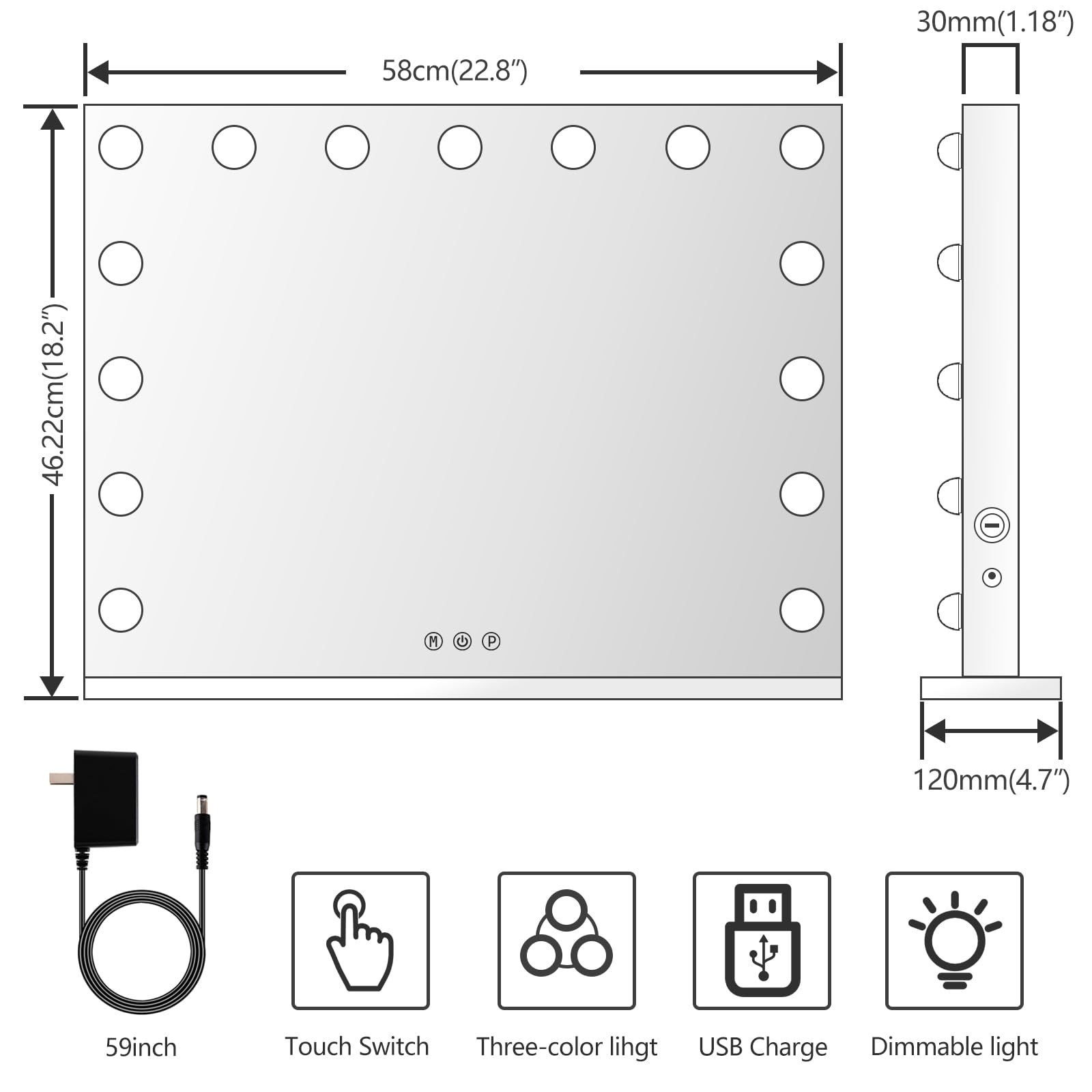 Gvnkvn 22.8 x 18.2 Vanity Makeup Mirror with Lights, 10X Magnification,Large Hollywood Lighted Vanity Mirror with 15 Dimmable LED Bulbs, USB Charger Port, Tabletop or Wall-Mounted White