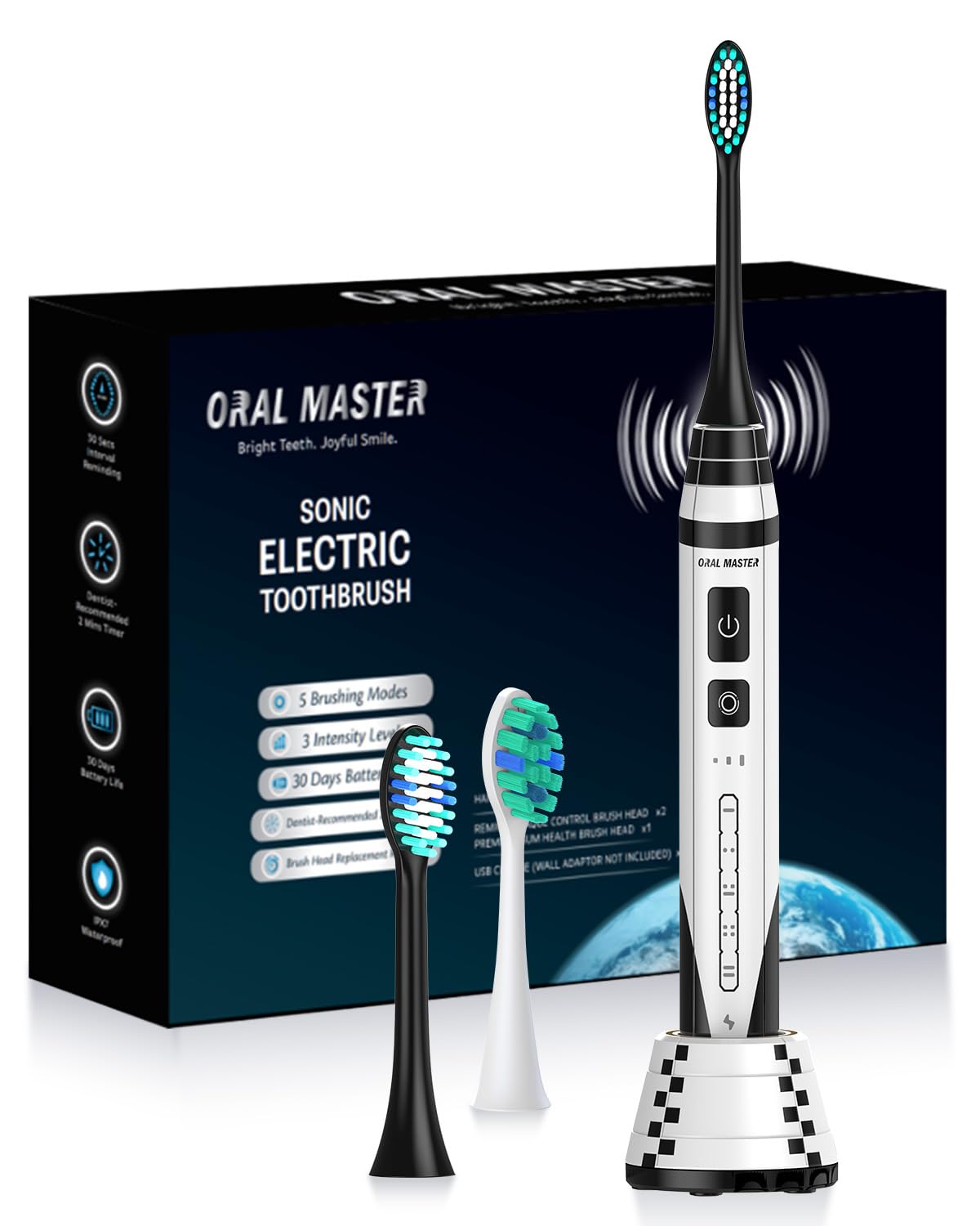 ORAL MASTER Electric Toothbrush for Adults, Sonic Rechargeable Toothbrush with 5 Modes and 42,000 VPM, 3 Brush Heads Travel Electric Toothbrush Fast Charge for 30 Days