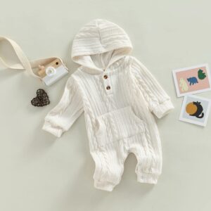 Infant Boys Girls Knit Sweater Romper Baby Toddlers Long Sleeve Hooded Button Up Winter Outfits with Pocket (White, 0-3 Months)