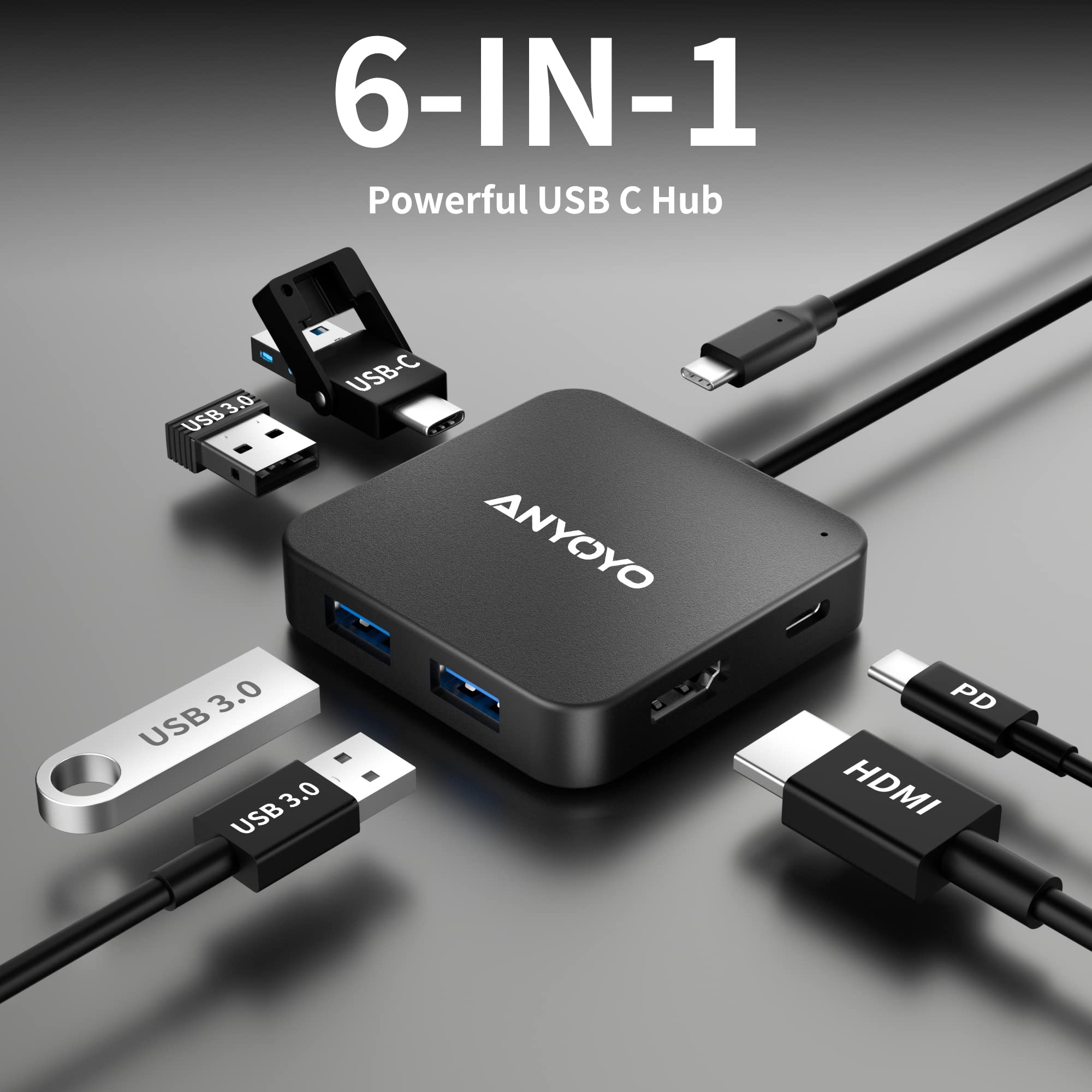 USB C Hub, 6 in 1 USB Splitter Adapter with 4K 30Hz HDMI, 100W PD, 3 USB A 3.0, 1 USB C 3.0, HDMI to USB C Multiport Adapter, USB C HDMI Hub for MacBook Pro/Air and Other USB C Devices