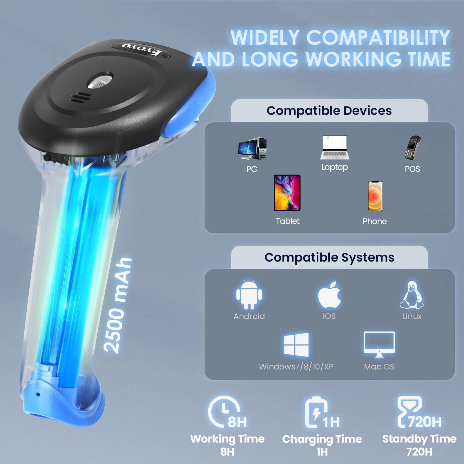 Eyoyo 2D Bluetooth Barcode Scanner Wireless, 2500mAh Handheld Cordless USB Wired QR Bar Code Reader for Library, Warehouse Inventory Compatible with iPad, Android Phone, iPhone, Laptop