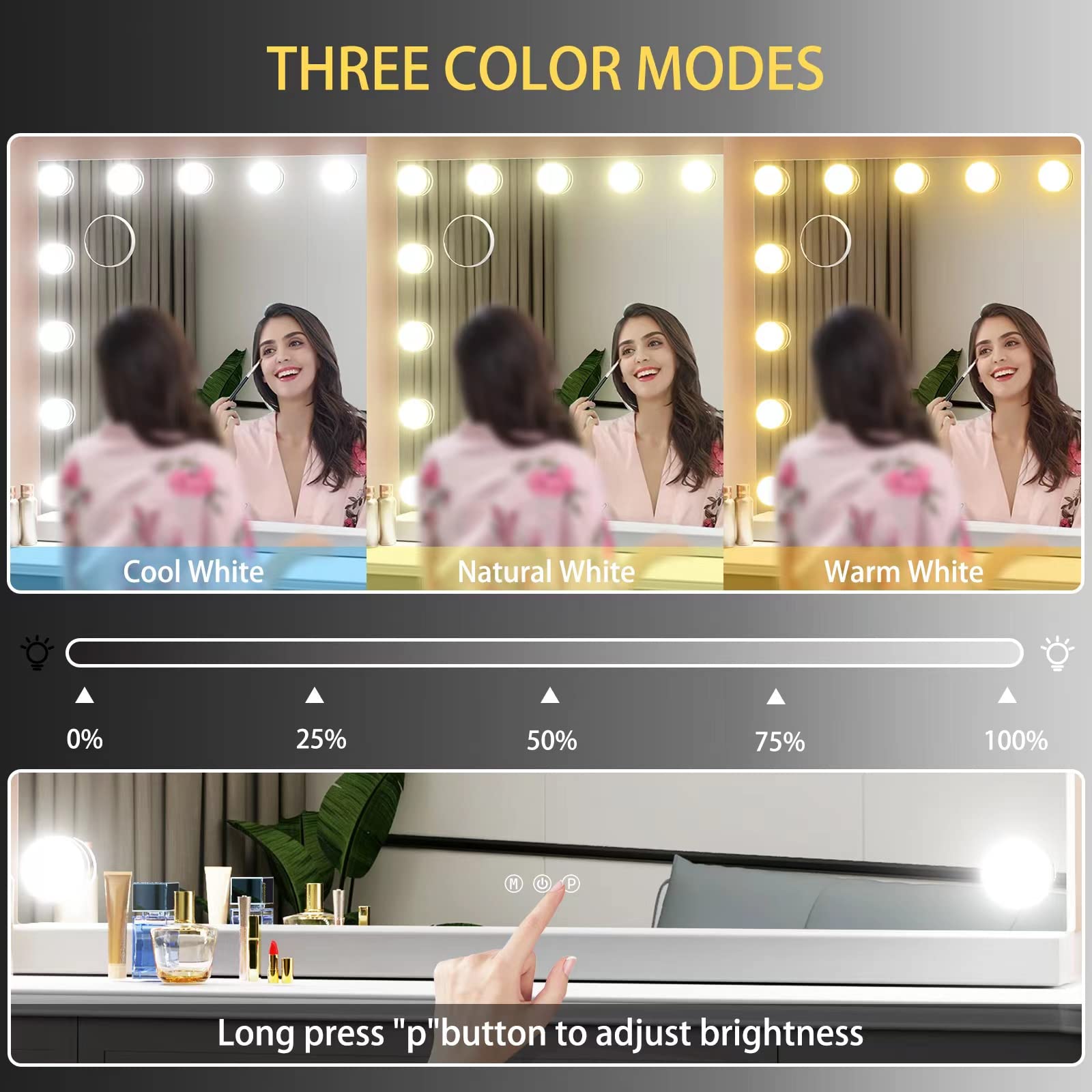 Gvnkvn 22.8 x 18.2 Vanity Makeup Mirror with Lights, 10X Magnification,Large Hollywood Lighted Vanity Mirror with 15 Dimmable LED Bulbs, USB Charger Port, Tabletop or Wall-Mounted White