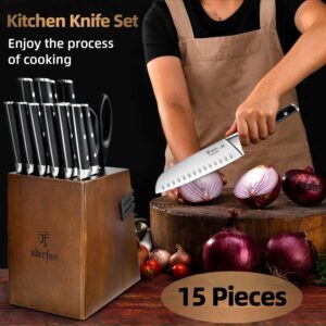 Knife Set with Block, ODERFUN 15 Pcs 50CR15MOV German Steel Kitchen Knife Set, Ultra Sharp Knives Set for Kitchen with Knife Sharpener, Ergonomic Handle Full Tang Forged with NSF Certified