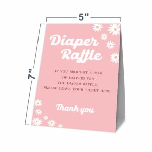 JCVUK Baby Shower Games, 1 Diaper Raffle Standing Sign with 50 Diaper Raffle Tickets, Boho Hippy Floral Daisy Theme Gender Reveal Party Decorations and Supplies For Boys or Girls(LBLK-A07)