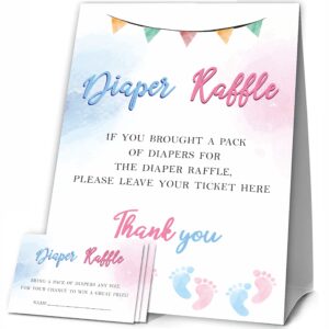 JCVUK Baby Shower Games, 1 Diaper Raffle Standing Sign with 50 Diaper Raffle Tickets, Blue and Pink Baby Footprints Theme Gender Reveal Party Decorations and Supplies For Boys or Girls(LBLK-A04)