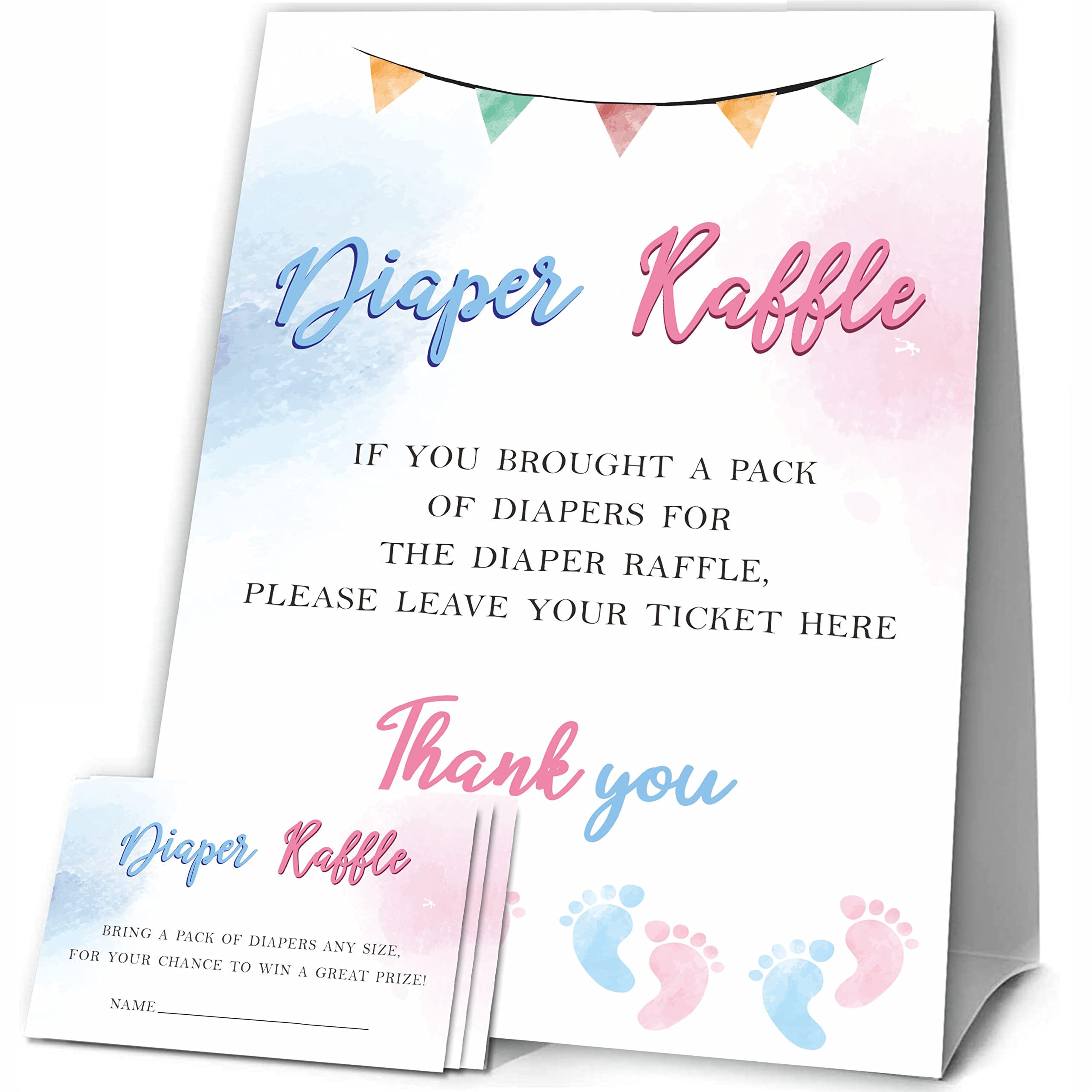 JCVUK Baby Shower Games, 1 Diaper Raffle Standing Sign with 50 Diaper Raffle Tickets, Blue and Pink Baby Footprints Theme Gender Reveal Party Decorations and Supplies For Boys or Girls(LBLK-A04)