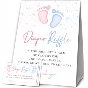 JCVUK Baby Shower Games, 1 Diaper Raffle Standing Sign with 50 Diaper Raffle Tickets, Baby Footprints Theme Gender Reveal Party Decorations and Supplies For Boys or Girls(LBLK-A03)