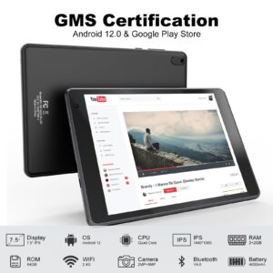 Android 12 Tablet 7.5 inch, Tablets Computer 64GB Storage 512GB Expandable, Quad-Core Processor, PS FHD 1440x1080 Resolution Display, Google GMS Certified Smart Tablet/WiFi (Black)