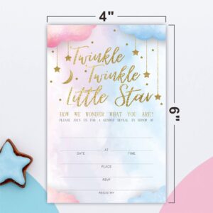 JCVUK Set of 25 Baby Shower Invitations with Envelopes, Diaper Raffle Tickets and Baby Shower Book Request Cards, Twinkle Twinkle Little Star, Gold Moon And Stars Theme Gender Reveal Party(YQKTZ-A06)