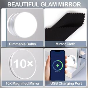 Gvnkvn 22.8 x 18.2 Vanity Makeup Mirror with Lights, 10X Magnification,Large Hollywood Lighted Vanity Mirror with 15 Dimmable LED Bulbs, USB Charger Port, Tabletop or Wall-Mounted White