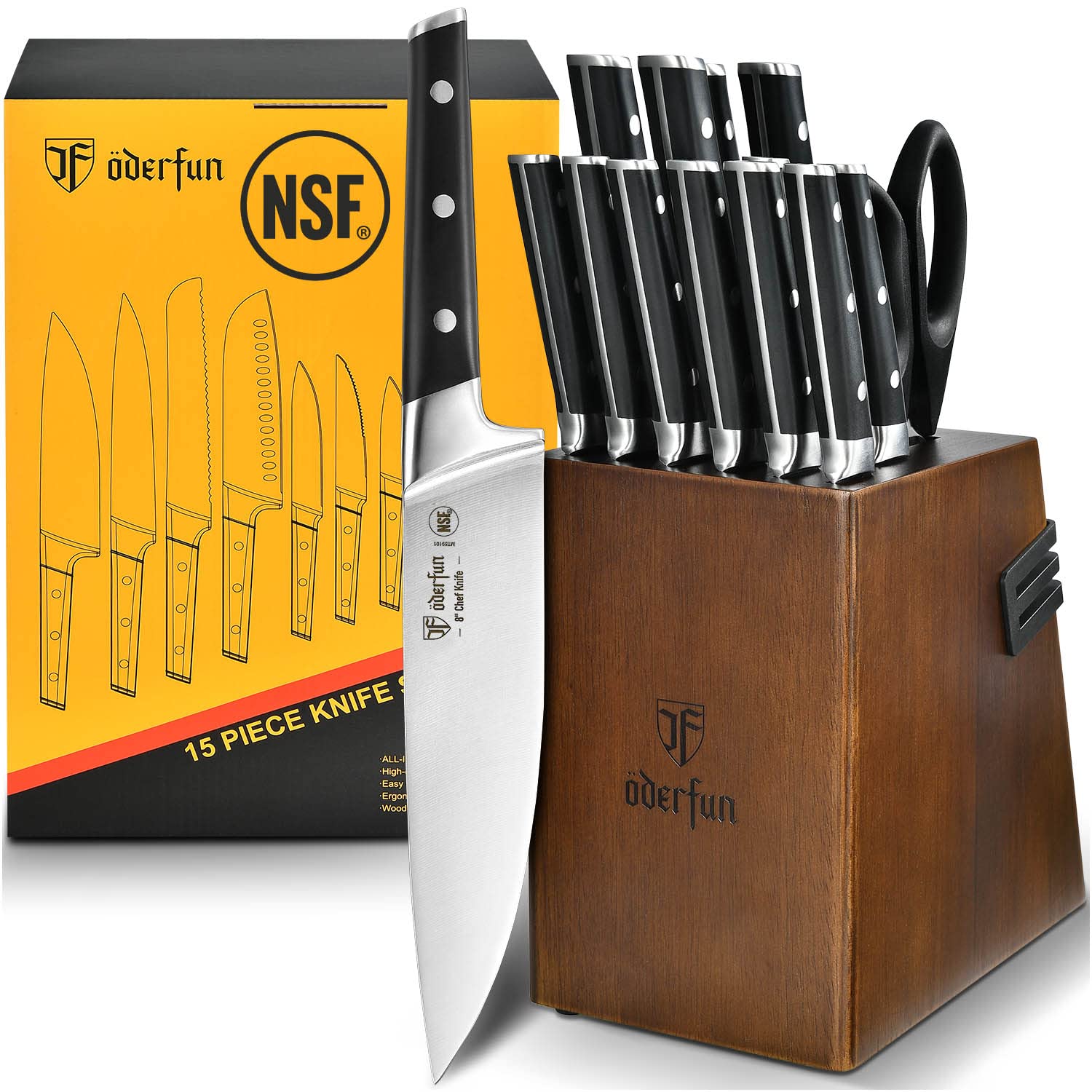 Knife Set with Block, ODERFUN 15 Pcs 50CR15MOV German Steel Kitchen Knife Set, Ultra Sharp Knives Set for Kitchen with Knife Sharpener, Ergonomic Handle Full Tang Forged with NSF Certified