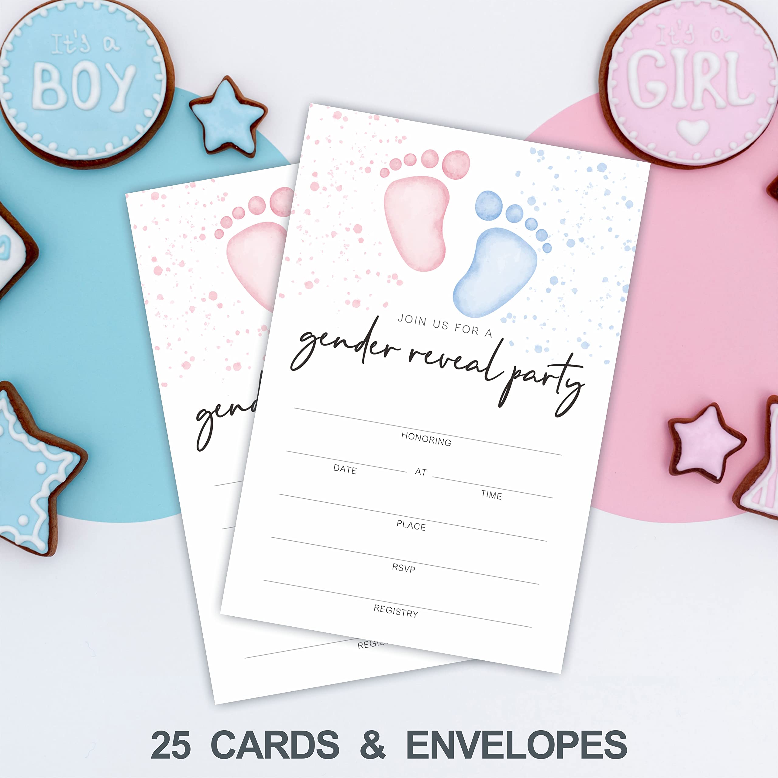 JCVUK Baby Shower Invitations, Baby Footprints Gender Reveal Invitation Cards With Envelopes(25 Pack), Baby Shower Decorations And Supplies For Boys Girls(YQK-A03)