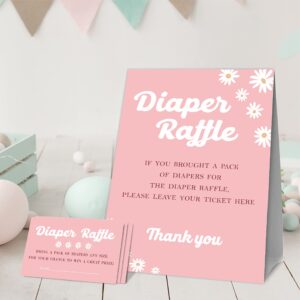 JCVUK Baby Shower Games, 1 Diaper Raffle Standing Sign with 50 Diaper Raffle Tickets, Boho Hippy Floral Daisy Theme Gender Reveal Party Decorations and Supplies For Boys or Girls(LBLK-A07)