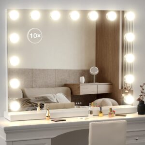 gvnkvn 22.8 x 18.2 vanity makeup mirror with lights, 10x magnification,large hollywood lighted vanity mirror with 15 dimmable led bulbs, usb charger port, tabletop or wall-mounted white