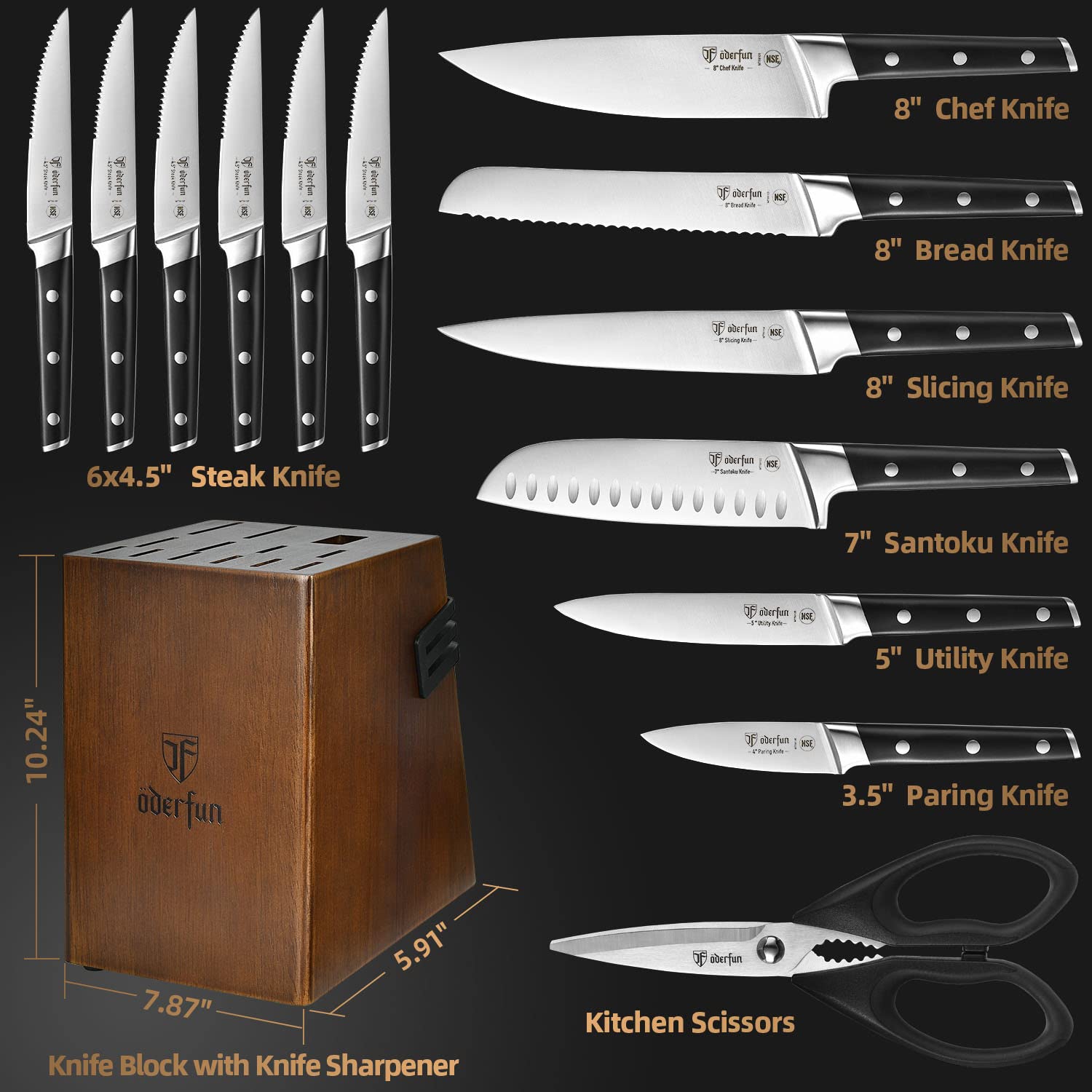 Knife Set with Block, ODERFUN 15 Pcs 50CR15MOV German Steel Kitchen Knife Set, Ultra Sharp Knives Set for Kitchen with Knife Sharpener, Ergonomic Handle Full Tang Forged with NSF Certified