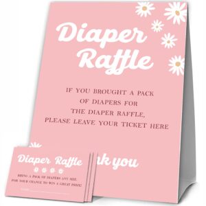 JCVUK Baby Shower Games, 1 Diaper Raffle Standing Sign with 50 Diaper Raffle Tickets, Boho Hippy Floral Daisy Theme Gender Reveal Party Decorations and Supplies For Boys or Girls(LBLK-A07)