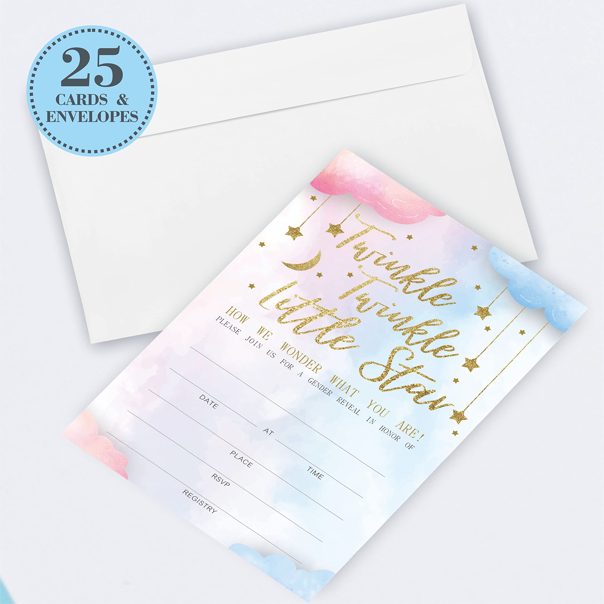 JCVUK Set of 25 Baby Shower Invitations with Envelopes, Diaper Raffle Tickets and Baby Shower Book Request Cards, Twinkle Twinkle Little Star, Gold Moon And Stars Theme Gender Reveal Party(YQKTZ-A06)