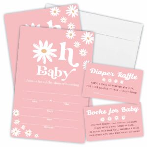 JCVUK Set of 25 Baby Shower Invitations with Envelopes, Diaper Raffle Tickets and Baby Shower Book Request Cards, Boho Hippy Floral Daisy Theme Gender Reveal Party For Boys or Girls(YQKTZ-A07)