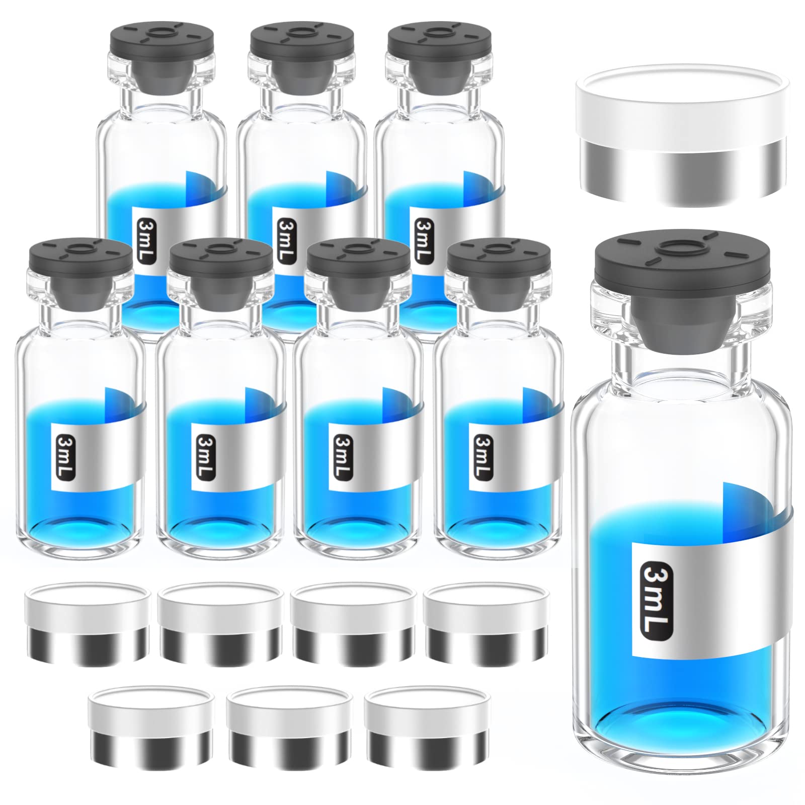 Empty Sterile Vial with Separately Butyl Rubber Stopper and Flip Top Closure,Removable,After Filling,Need to Seal by CrimperType 1 Borosilicate Glass Tubing,Individually Packed (3mL 8PCS)