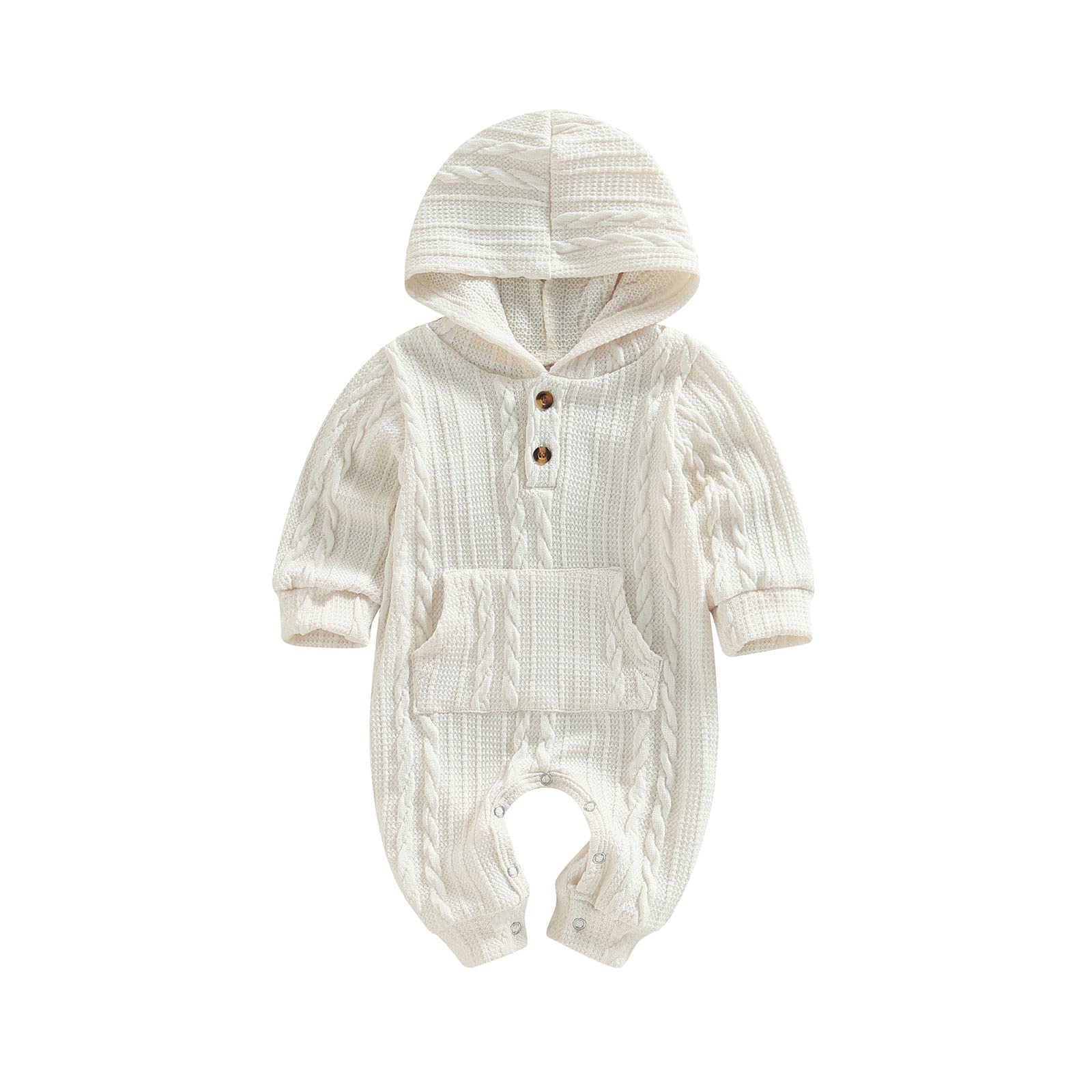 Infant Boys Girls Knit Sweater Romper Baby Toddlers Long Sleeve Hooded Button Up Winter Outfits with Pocket (White, 0-3 Months)