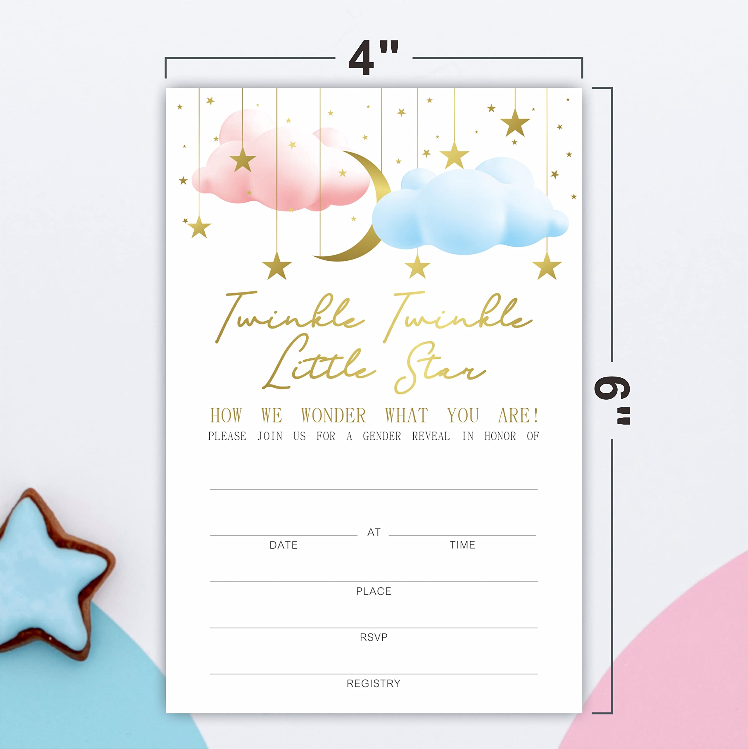 Baby Shower Invitations, Twinkle Twinkle Little Star Gender Reveal Invitation Cards With Envelopes(25 Pack), Gold Moon And Stars Theme Baby Shower Decorations And Supplies For Boys Girls(YQK-A05)