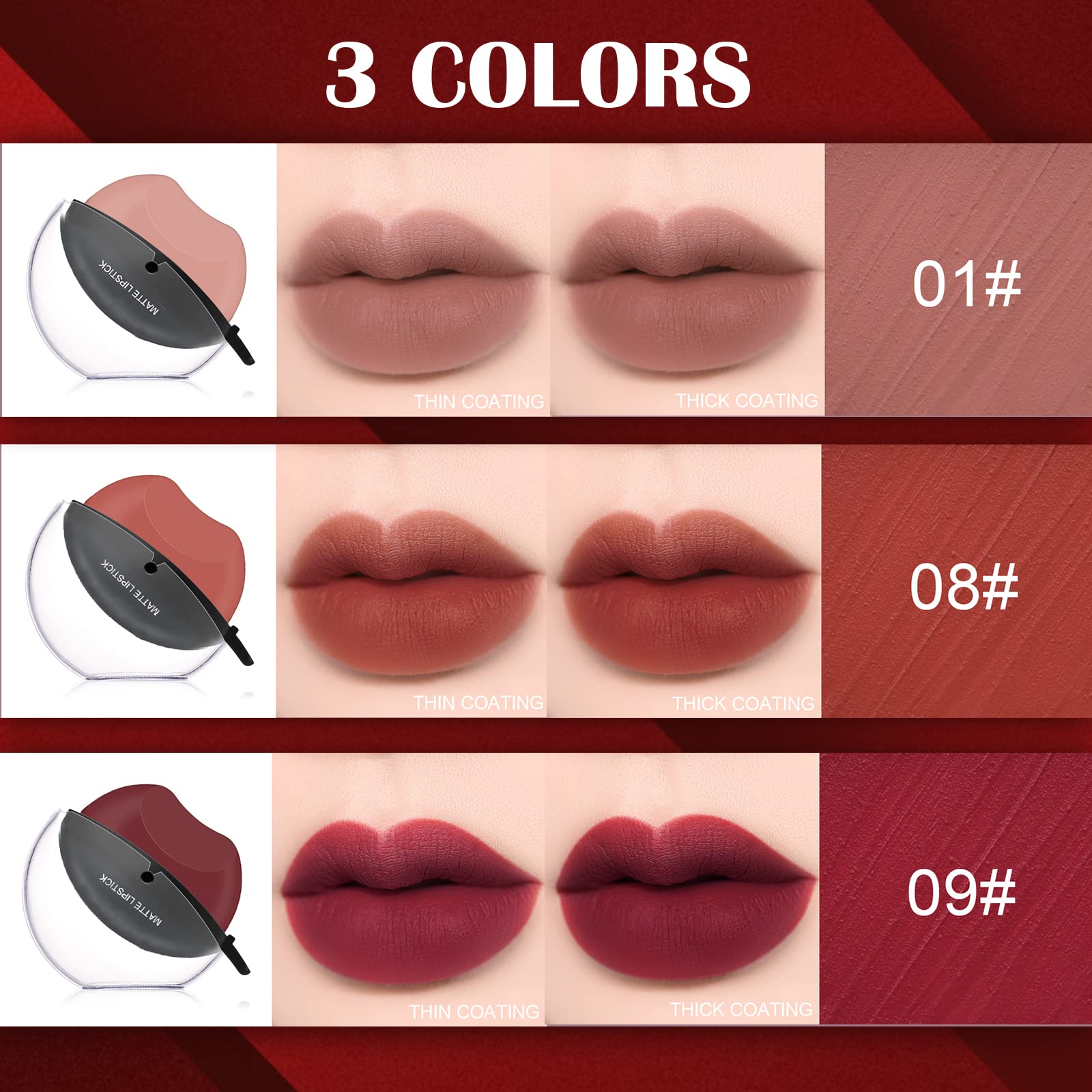 DAGEDA 3 Colors Matte Lipstick Set, Matte Velvet Lipstick Lip Shape Lazy Lipstick, Long Lasting High Pigmented Non-stick Cup Lip Gloss, Waterproof Easy to Color Lipstick Lazy Lip Makeup（Color C