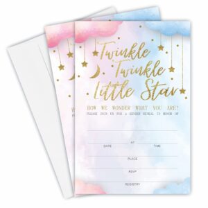 baby shower invitations, twinkle twinkle little star gender reveal invitation cards with envelopes(25 pack), gold moon and stars theme baby shower decorations and supplies for boys or girls(yqk-a06)