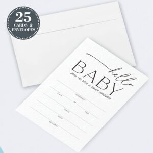 JCVUK Set of 25 Baby Shower Invitations with Envelopes, Diaper Raffle Tickets and Baby Shower Book Request Cards, Hello Baby, Modern Minimalist Theme Gender Reveal Party For Boys or Girls(YQKTZ-A09)